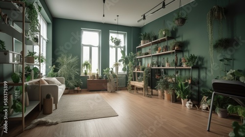Potted plants decorate the empty living room with green walls and a hardwood floor. generative ai