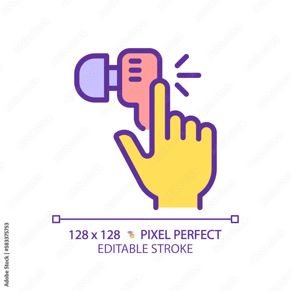 Yellow hand with earphone RGB color icon. Finger tapping key on audio device. Wireless gadget for music listening. Listening music. Isolated vector illustration. Simple filled line drawing