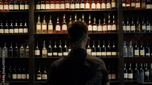 Sommelier Bartender man at wine shop full of bottles with alcohol drinks, back view, generative ai