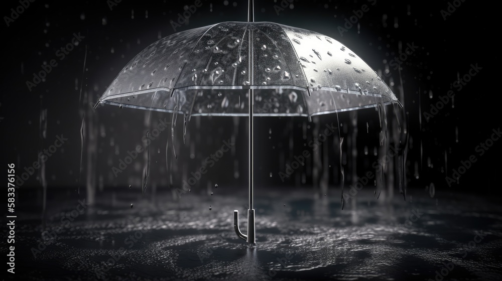 Transparent umbrella under rain against water drops splash background. generative ai