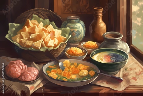 The illustration showcases Indonesian traditional snacks that are commonly served during Eid al-Fitr. Generative AI