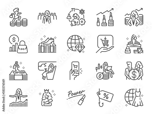 She economy icon set. It included icons such as female economy, womenomics, sheconomy, sheconomics, and more.