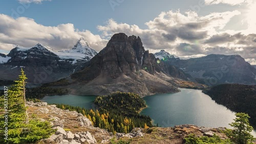 Scenery of Mount Assiniboine with Sunburst Lake and Cerulean Lake in autumn forest on Niblet viewpoint in Assiniboine provincial park photo
