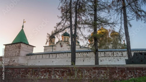 Ipatiev Monastery and the park it in Kostroma at sunset. Russia. Time-lapse.