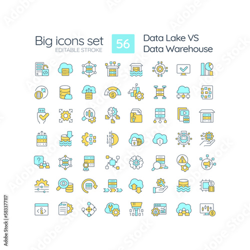 Data lake vs data warehouse RGB color icons set. Digital repository. Storage providing service. Isolated vector illustrations. Simple filled line drawings collection. Editable stroke