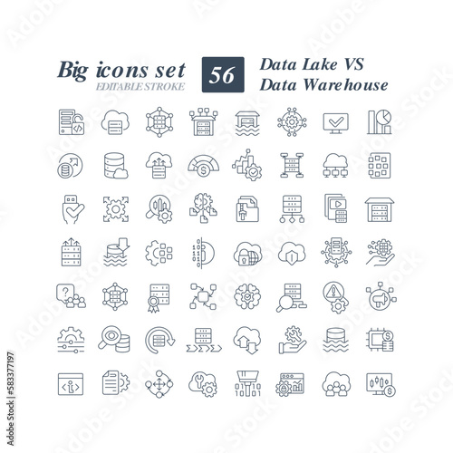 Data lake vs data warehouse linear icons set. Centralized repository. Store large amounts of data. Customizable thin line symbols. Isolated vector outline illustrations. Editable stroke
