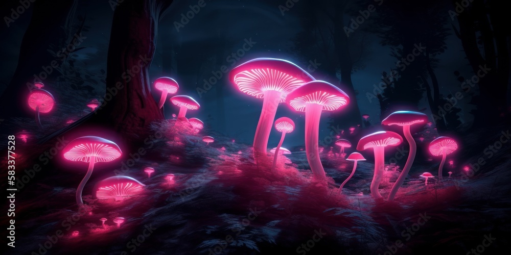 Mystery dark forest with glowing pink mushrooms on the ground. Generative AI image