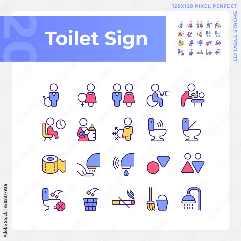 Toilet sign pixel perfect RGB color icons set. Public restroom marking ...