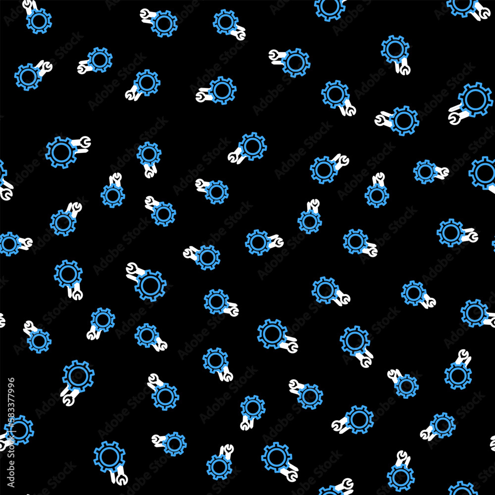 Line Wrench and screwdriver in gear icon isolated seamless pattern on black background. Adjusting, service, setting, maintenance, repair, fixing. Vector Line Wrench and screwdriver in gear icon isolated seamless pattern on black background. Adjusting, service, setting, maintenance, repair, fixing. Vector