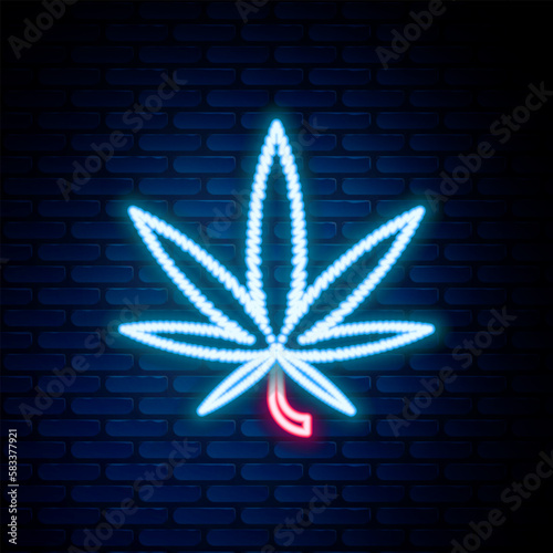 Glowing neon line Medical marijuana or cannabis leaf icon isolated on brick wall background. Hemp symbol. Colorful outline concept. Vector