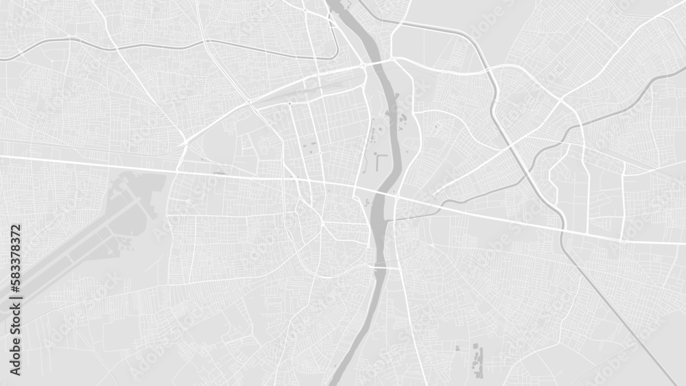 White and light grey Adana city area vector background map, roads and water illustration. Widescreen proportion, digital flat design.