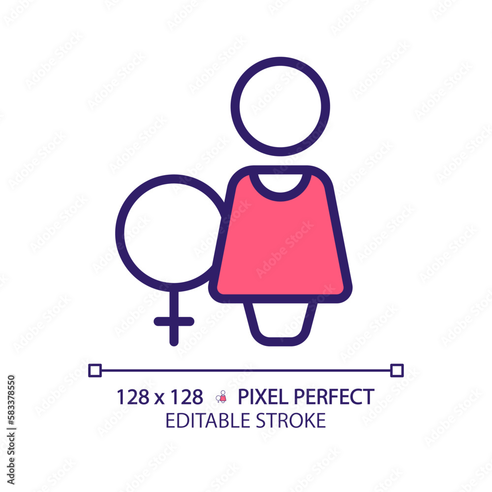 Obraz premium Toilet for women pixel perfect RGB color icon. Public restroom door marking. Closed space for ladies hygiene. WC service. Isolated vector illustration. Simple filled line drawing. Editable stroke