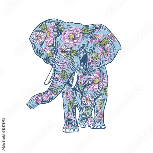HAND DRAWN ELEPHANT ANIMAL FLOWER FLORAL CUTE GIRLY VINTAGE TSHIRT TEE PRINT FOR APPAREL MERCHANDISE