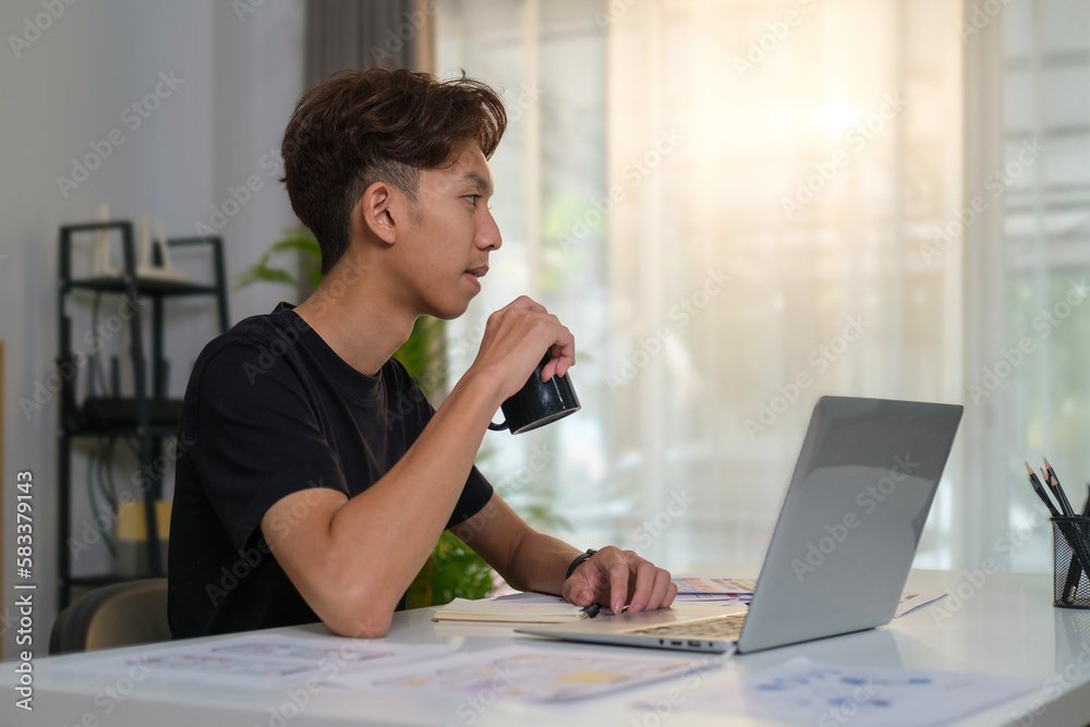 Portrait of man creative UI Ux designer planning designing text image layout application development for smartphone i Portrait of man creative UI Ux designer planning designing text image layout application development for smartphone i