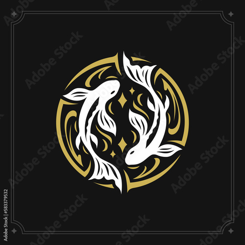 Pisces zodiac mythology horoscope art deco symbol vintage black card design vector illustration