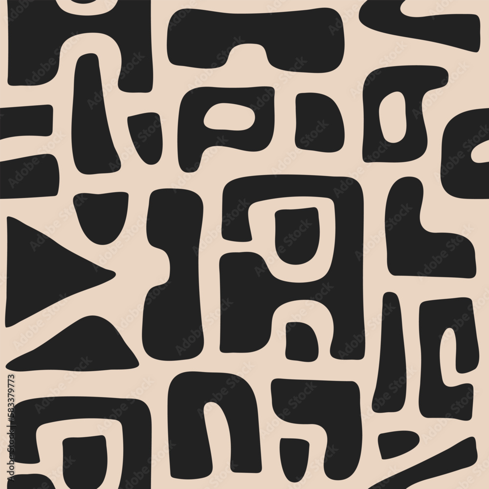 Abstract seamless pattern with black organic cut out black shapes on a beige background. Trendy vector collage.	
