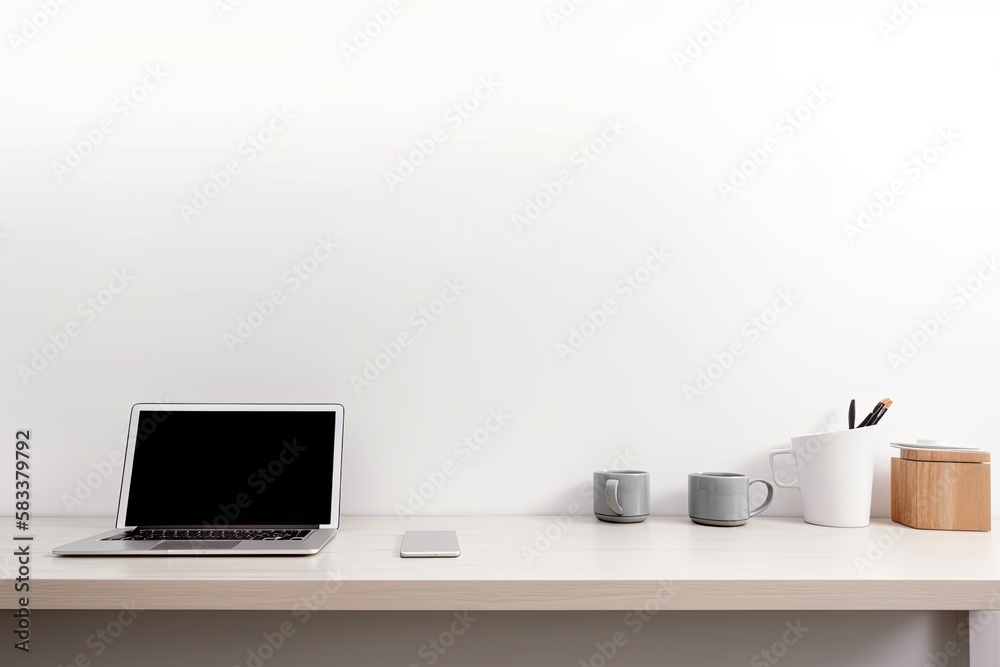 Desk in the home office with laptop and coffee cup. Generative AI Desk in the home office with laptop and coffee cup. Generative AI