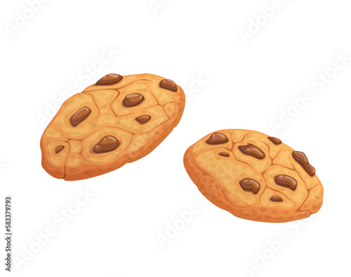 Cartoon biscuit cookie with chocolate pieces and crumbs. Isolated vector crispy baking, round sweet snack with choco chips. Fresh bakery, confectionery product, tasty dessert, pastry, sugar food