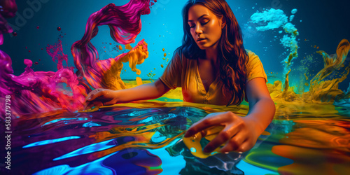 colorful surreal scene with young woman surrounded by liquid paint, visualization of creative artistic thinking, fictional person created with generative ai