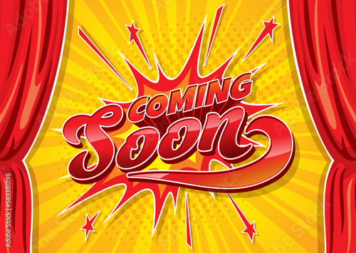 Coming soon cartoon banner with red curtains and stage. Price discount promotion announcement, shop or store soon coming opening notification or sale marketing campaign halftone vector wallpaper