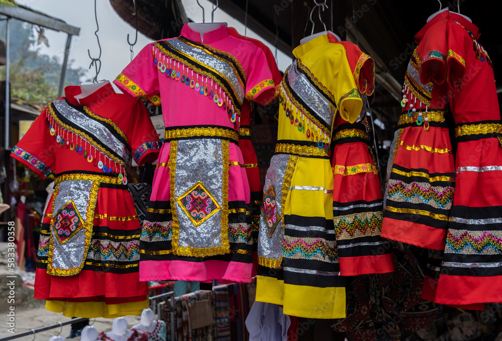 This Hmong women's traditional dress is sold at a street market. Vietnam