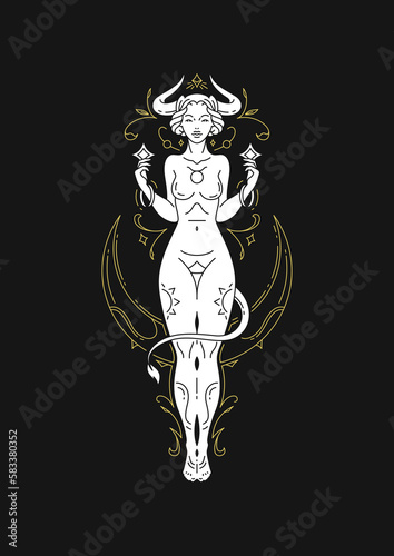 Taurus woman goddess zodiac antique bull with horns tail line art deco symbol vector illustration