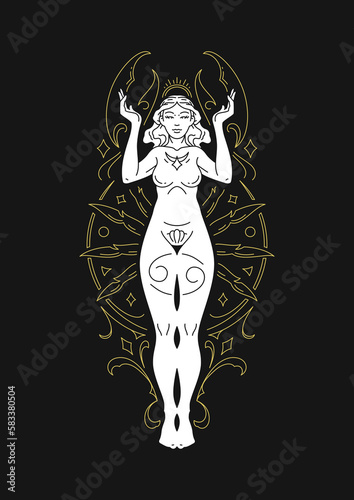 Cancer woman goddess astrology antique line art deco silhouette contoured vector illustration