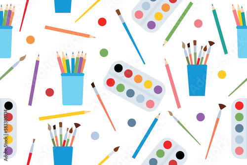 Tools for coloring elements. Background with art supplies. Design creative materials for workshops banner, card. Vector
