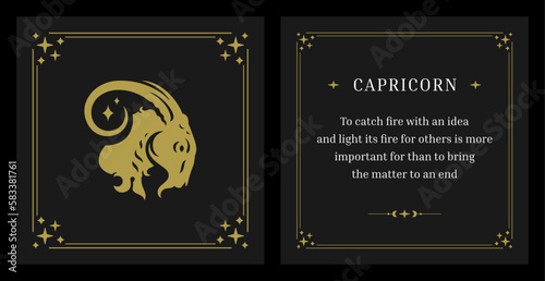 Capricorn zodiac golden vintage description black card design template set vector illustration