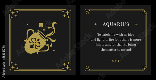 Aquarius zodiac vintage ornate jug horoscope black card design template set vector illustration