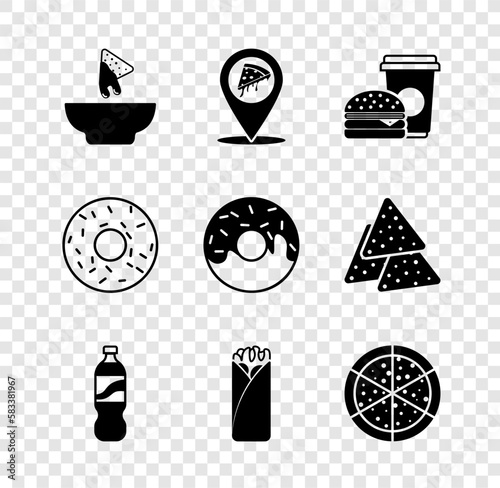 Set Nachos in plate, Location with slice pizza, Coffee and burger, Bottle water, Burrito, Pizza, Donut and icon. Vector