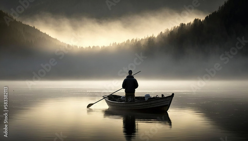 Fishing, A view of a lone fisherman standing in a small boat on a misty lake at dawn. Generative AI