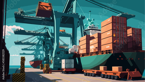 Cargo plane with working crane bridge in shipyard at sunrise, logistic import export