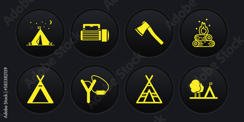 Set Tourist tent, Campfire, Slingshot, Wooden axe, Flashlight, with flag and icon. Vector