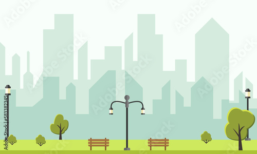 Fototapeta Naklejka Na Ścianę i Meble -  Public park in the city with chairs Vector illustration, spring landscape background