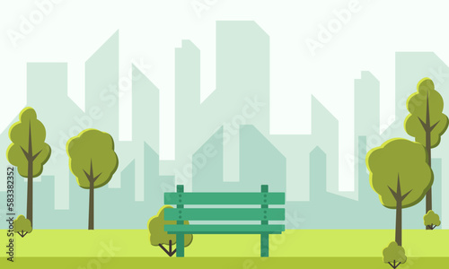 Public park in the city with chairs Vector illustration, spring landscape background