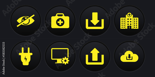 Set Electric plug, Medical hospital building, Computer monitor and gear, Upload, Download and First aid kit icon. Vector