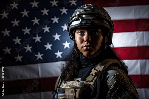 American soldier holding a rifle with the national flag of the united states hanging in the background. AI generated illustration