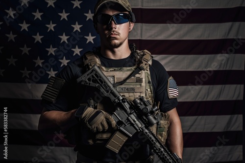 American soldier holding a rifle with the national flag of the united states hanging in the background. AI generated illustration