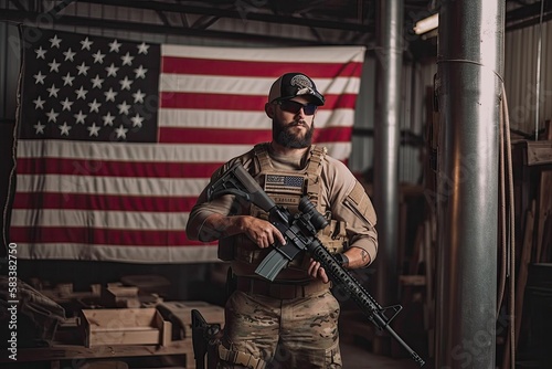 American soldier holding a rifle with the national flag of the united states hanging in the background. AI generated illustration