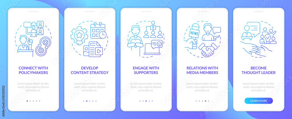 Social media features for advocacy blue gradient onboarding mobile app screen. Walkthrough 5 steps graphic instructions with linear concepts. UI, UX, GUI template. Myriad Pro-Bold, Regular fonts used