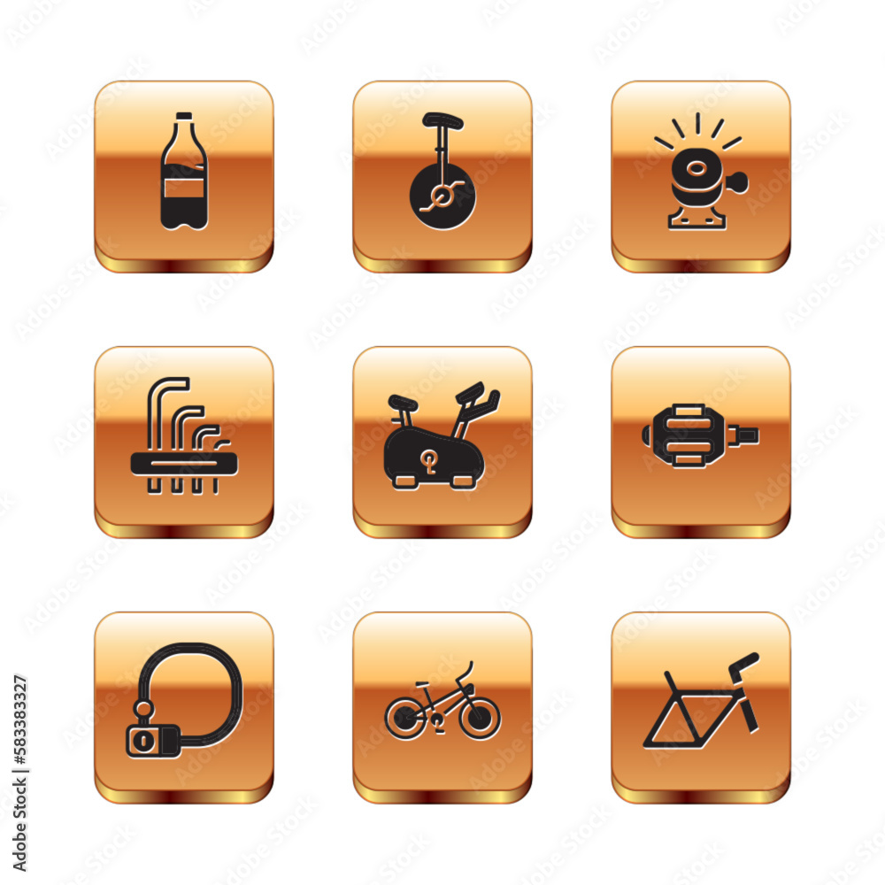 Set Sport bottle with water, Bicycle lock, Stationary bicycle, Tool allen keys, bell, frame and Unicycle one wheel icon. Vector Set Sport bottle with water, Bicycle lock, Stationary bicycle, Tool allen keys, bell, frame and Unicycle one wheel icon. Vector