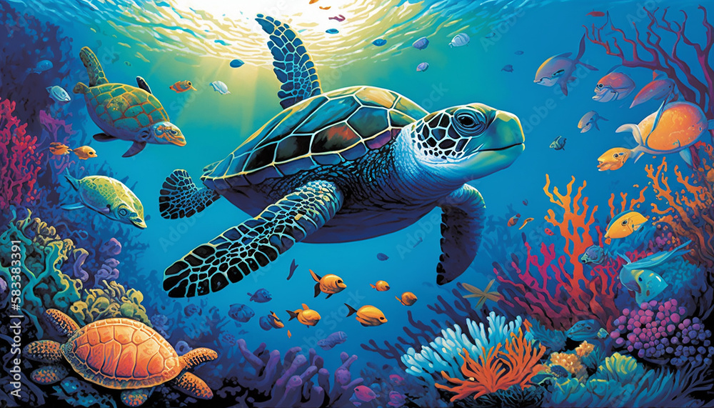 Ocean, An underwater view of the ocean teeming with life. Colorful fish swim in schools Generative AI Ocean, An underwater view of the ocean teeming with life. Colorful fish swim in schools Generative AI