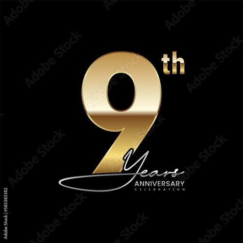 9 year anniversary. Luxury logo with golden number. Handwritten text style. Logo Vector Template