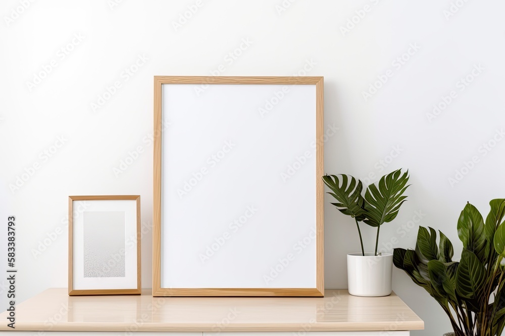 White wall with an empty wooden frame with room for an inscription. timber frame. Generative AI White wall with an empty wooden frame with room for an inscription. timber frame. Generative AI