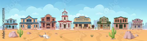 Western wild west town cartoon buildings. Vector Texas cityscape skyline with saloon, church or bank, bar, motel with general store, sheriff and post office. Traditional american architecture exterior