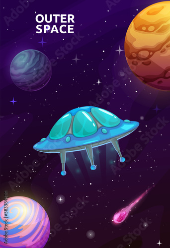 Cartoon UFO in starry galaxy space and alien planets, outer space vector poster. Galaxy exploration and spaceflight adventure to alien extraterrestrial planets and galactic world with fantasy UFO
