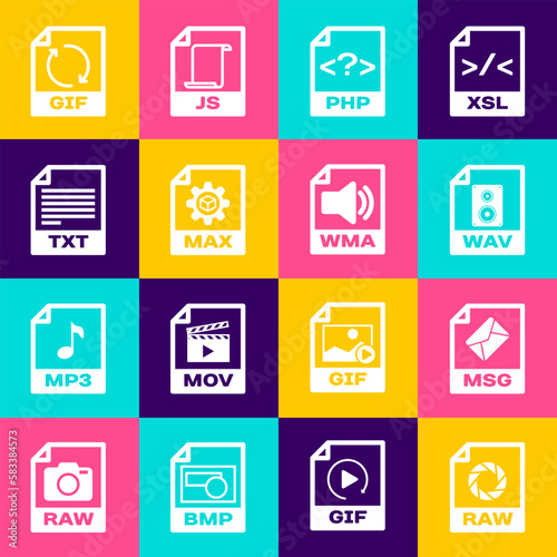 Set RAW file document, MSG, WAV, PHP, MAX and TXT icon. Vector