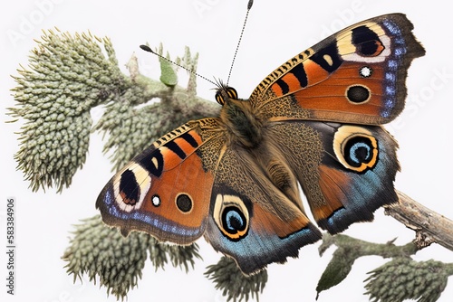 The inachis io, or European peacock moth, perches on a branch against a white backdrop. Generative AI photo