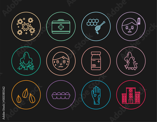 Set line Medical hospital building, Runny nose, Honeycomb with honey dipper, Man excessive sweating, Bacteria, Medicine bottle and pills and First aid kit icon. Vector